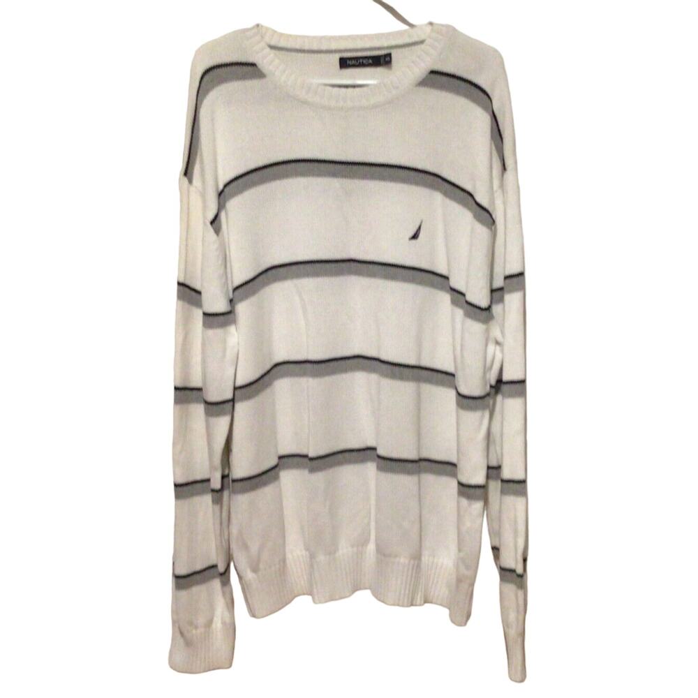 Nautica Men’s White Gray Blue Striped Long Sleeve Sweater Pullover Size XXL